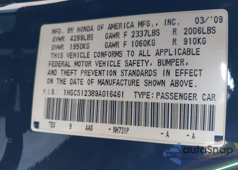 2009 Honda Accord 2.4 Lx-S from USA, damaged, VIN 1HGCS12389A016461